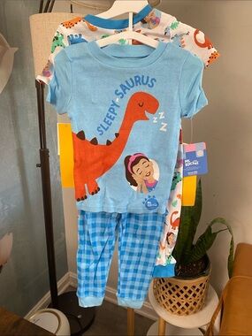 Rachel Light Blue 'Sleepy-Saurus' Dino Pajama Set with Orange Dino Graphic 4pc